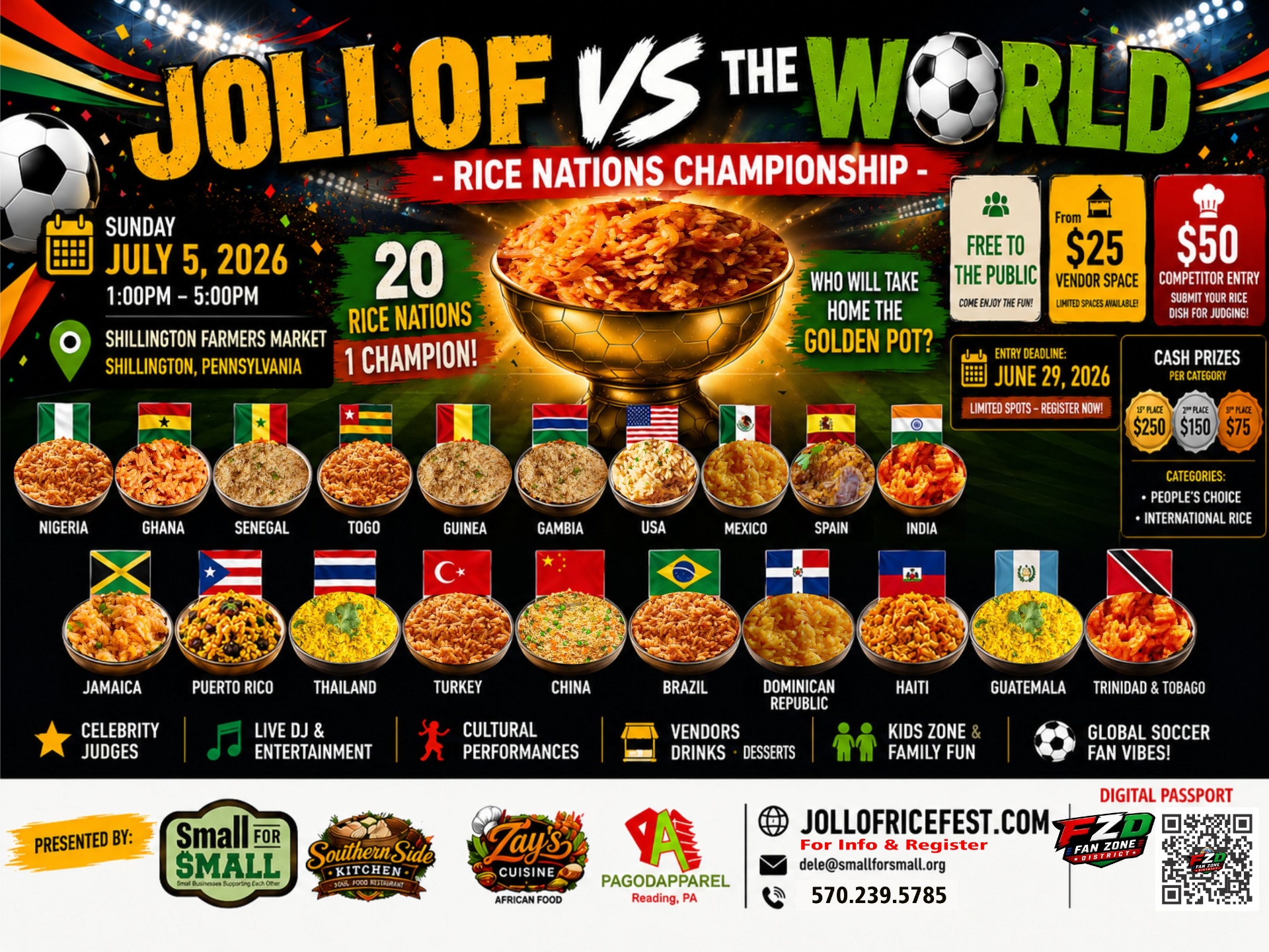 Jollof vs The World — Rice Nations Championship official flyer with all 20 competing nations, event details and cash prizes